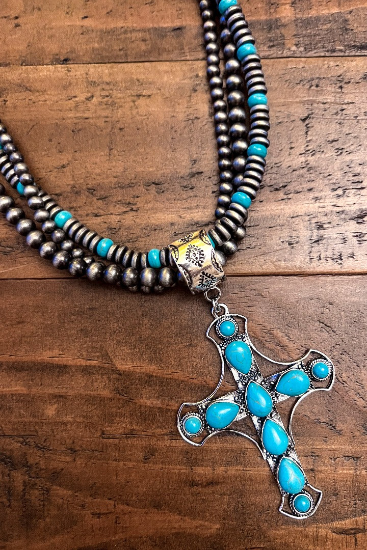 VINTAGE VICTORIAN CROSS NECKLACE BLUE TURQUOISE