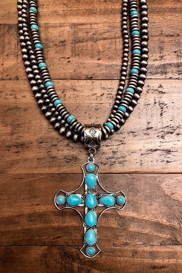 VINTAGE VICTORIAN CROSS NECKLACE BLUE TURQUOISE