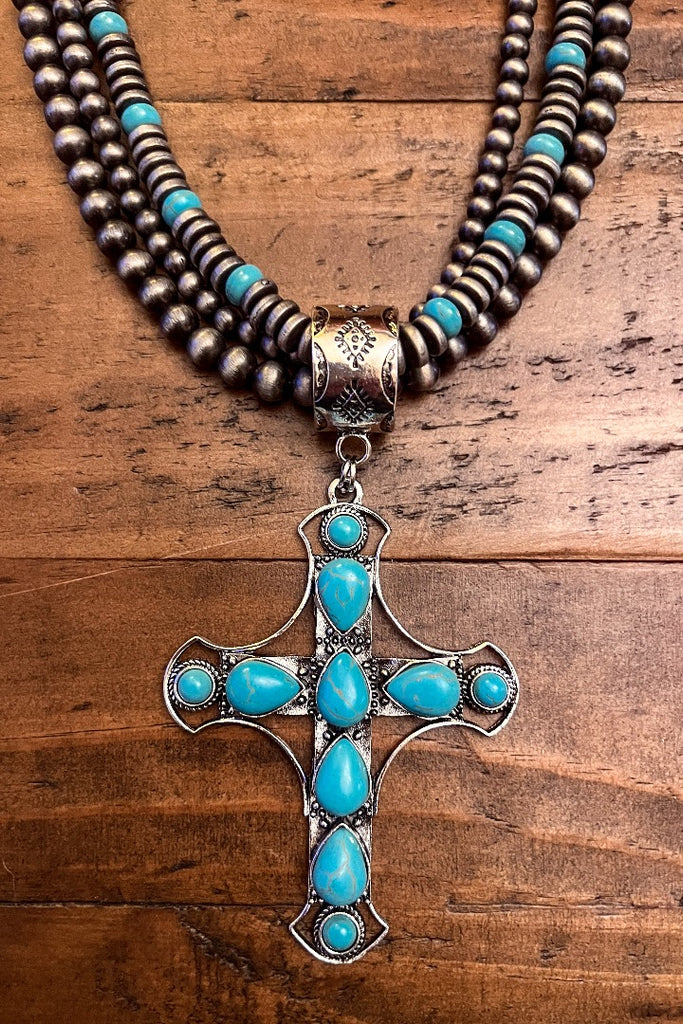 VINTAGE VICTORIAN CROSS NECKLACE BLUE TURQUOISE