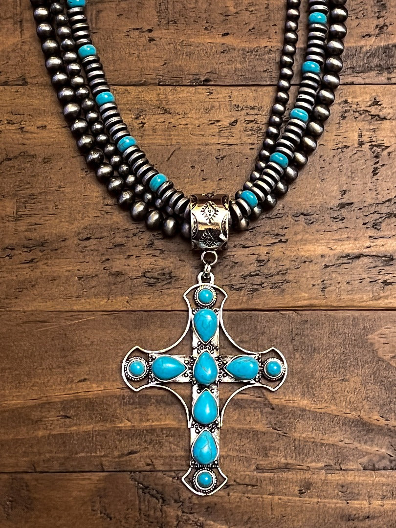 VINTAGE VICTORIAN CROSS NECKLACE BLUE TURQUOISE