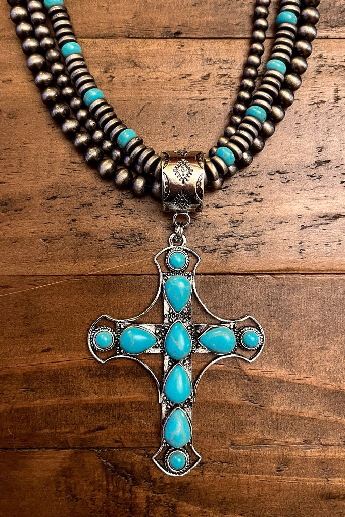 VINTAGE VICTORIAN CROSS NECKLACE BLUE TURQUOISE