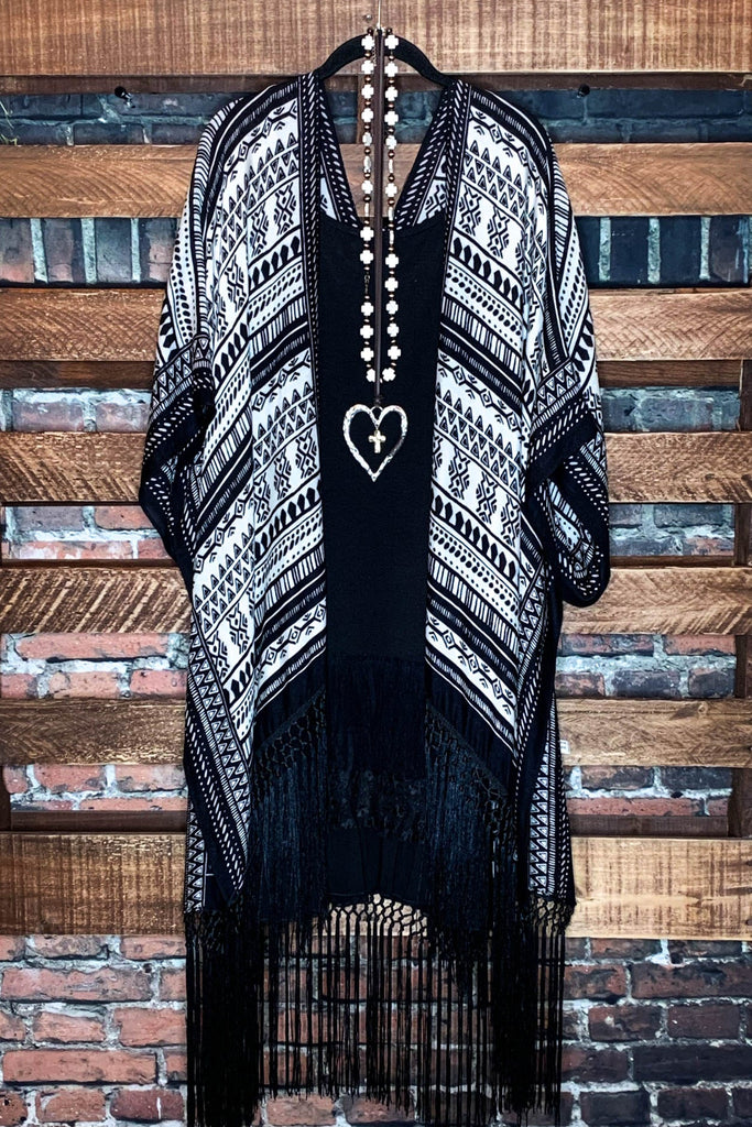 NOMAD SOUL BOHEMIAN FRINGE KIMONO IN BLACK MIX