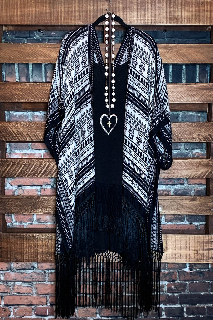 NOMAD SOUL BOHEMIAN FRINGE KIMONO IN BLACK MIX