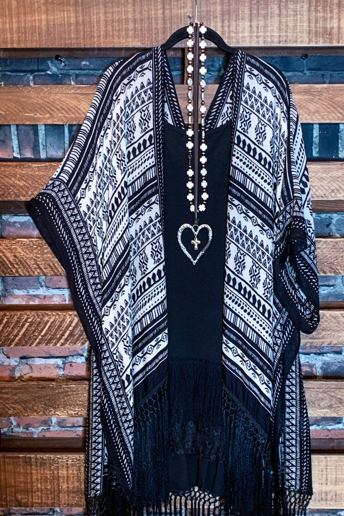 NOMAD SOUL BOHEMIAN FRINGE KIMONO IN BLACK MIX