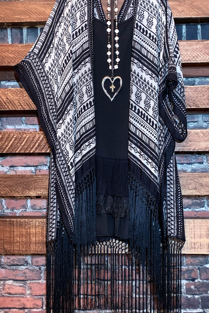 NOMAD SOUL BOHEMIAN FRINGE KIMONO IN BLACK MIX