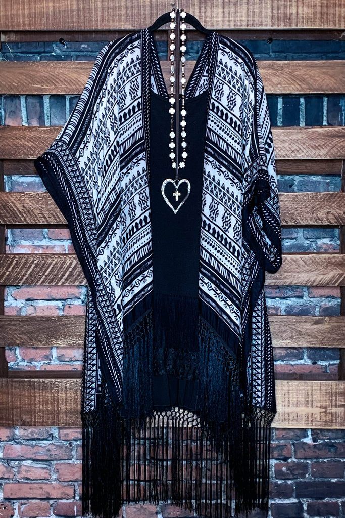 NOMAD SOUL BOHEMIAN FRINGE KIMONO IN BLACK MIX