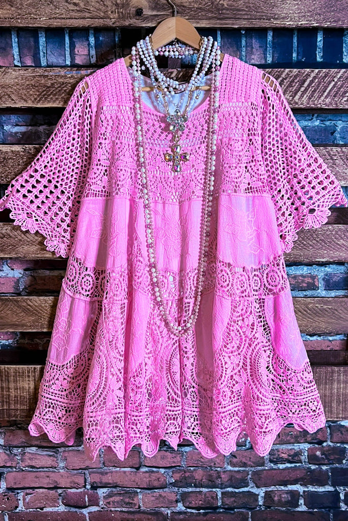 A FAIRYTALE PRETTY UNIQUE SUMMER PINK 100% COTTON CROCHET LACE