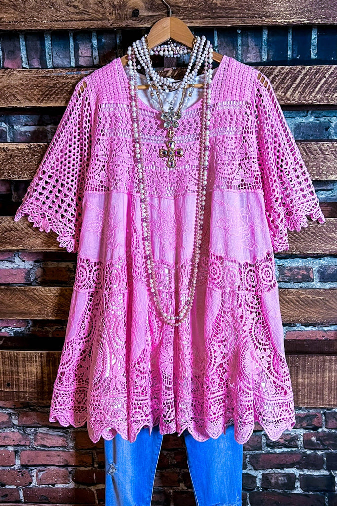 A FAIRYTALE PRETTY UNIQUE SUMMER PINK 100% COTTON CROCHET LACE