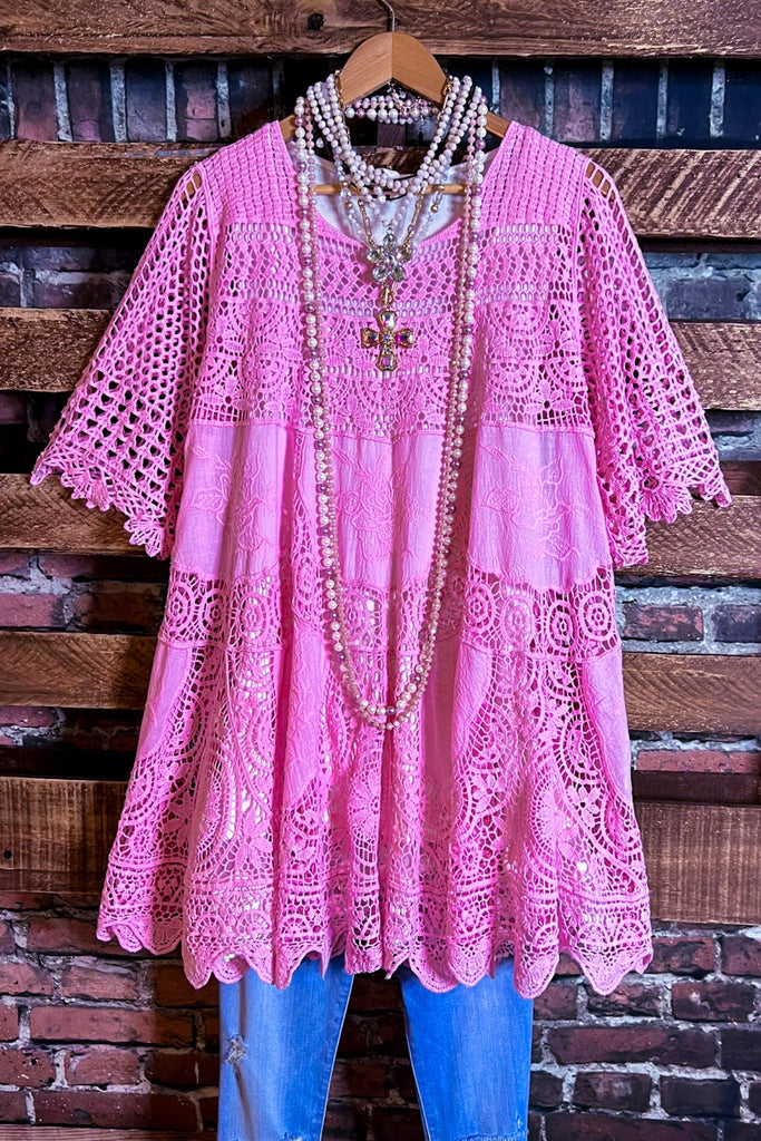 A FAIRYTALE PRETTY UNIQUE SUMMER PINK 100% COTTON CROCHET LACE