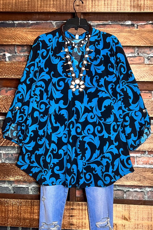 BEAUTIFUL MORNING DAMASK BLACK & TEAL BLOUSE