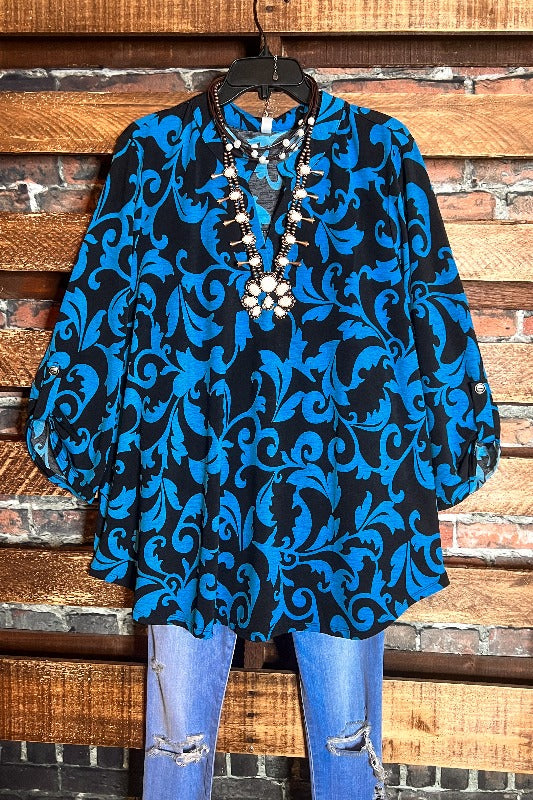 BEAUTIFUL MORNING DAMASK BLACK & TEAL BLOUSE