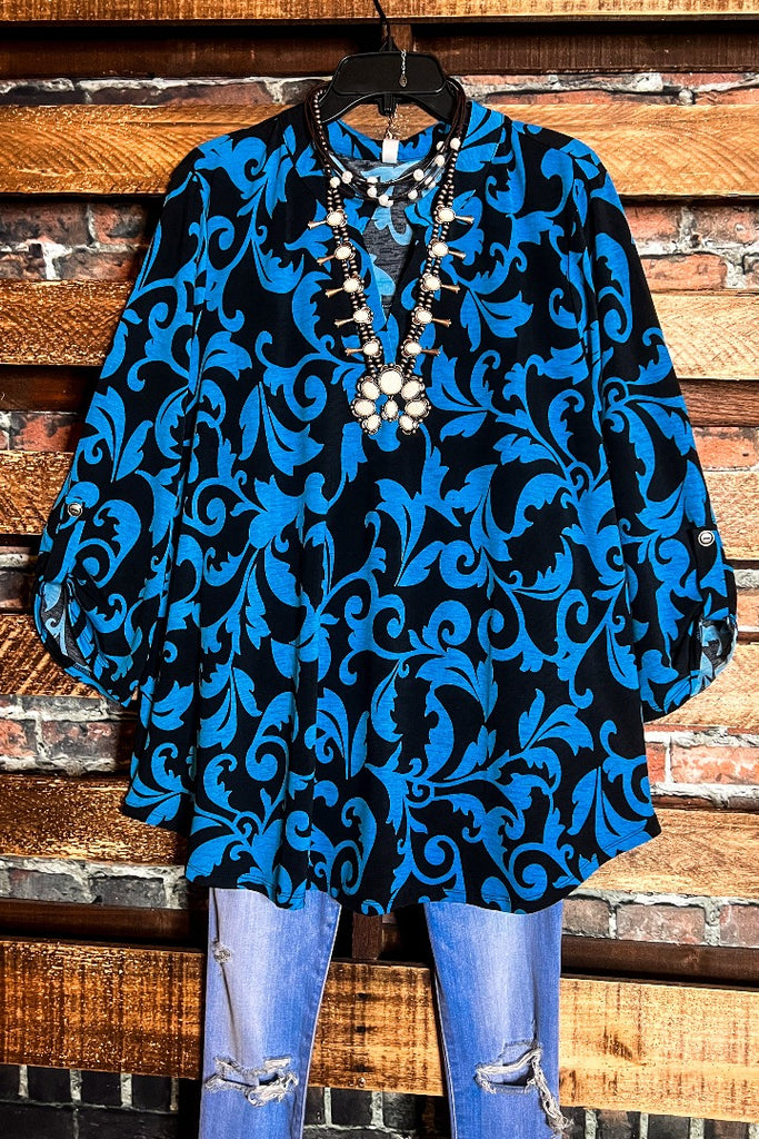 BEAUTIFUL MORNING DAMASK BLACK & TEAL BLOUSE