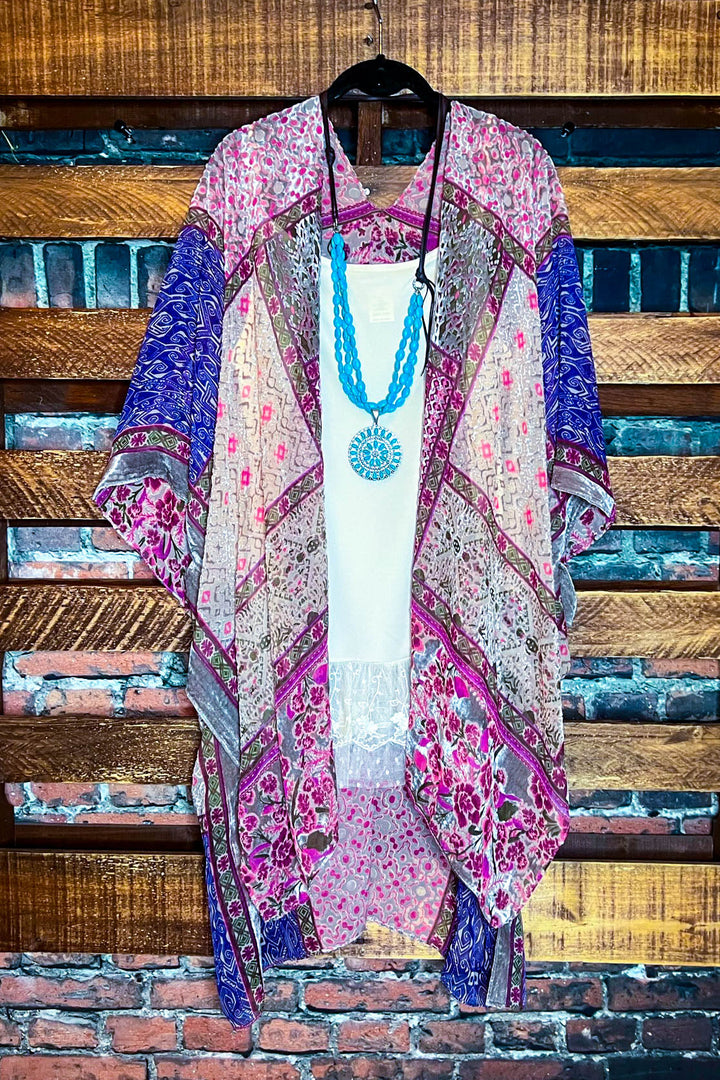 SWEET NOSTALGIA VELVET PINK PURPLE AND MULTI-COLOR KIMONO