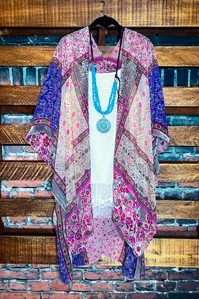 SWEET NOSTALGIA PINK PURPLE & MULTI COLOR VELVET BURNOUT KIMONO