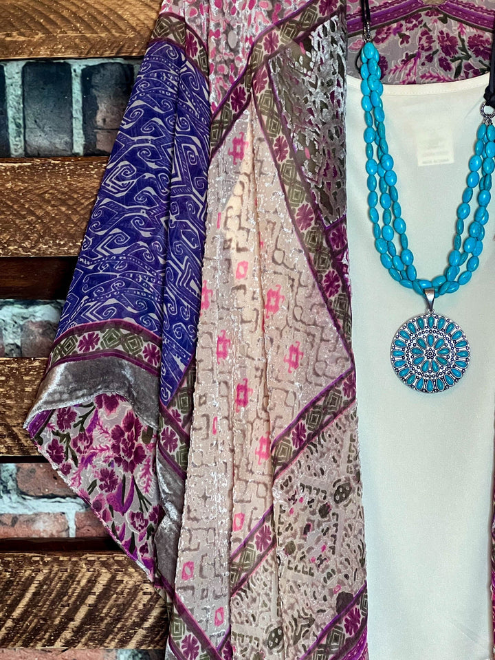 SWEET NOSTALGIA VELVET PINK PURPLE AND MULTI-COLOR KIMONO