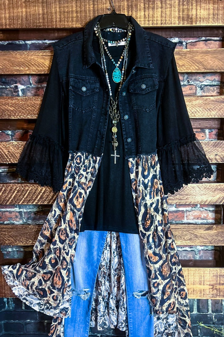 NEVER OUT OF STYLE BLACK DENIM & LACE LEOPARD VEST