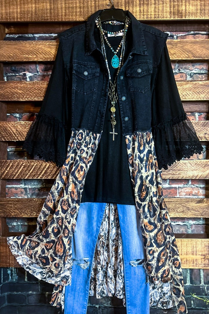 NEVER OUT OF STYLE BLACK DENIM & LACE LEOPARD VEST