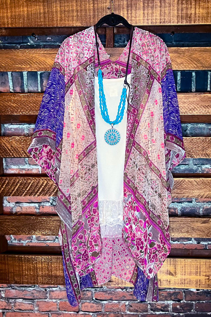 SWEET NOSTALGIA PINK PURPLE & MULTI COLOR VELVET BURNOUT KIMONO