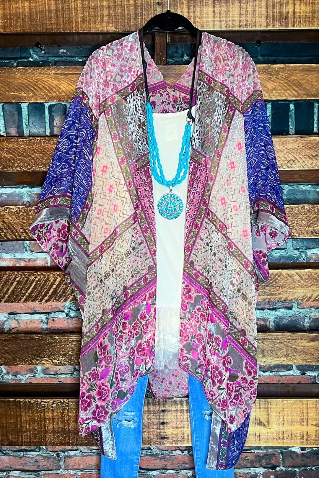 SWEET NOSTALGIA VELVET PINK PURPLE AND MULTI-COLOR KIMONO