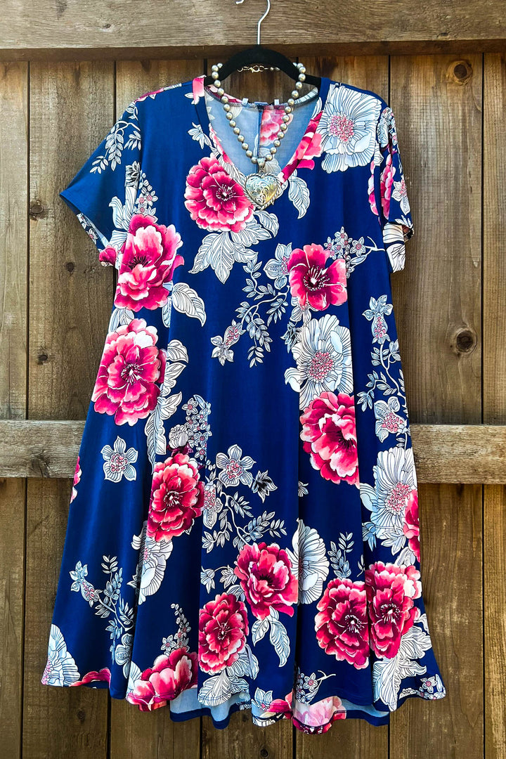 A MARVELOUS HOPE FLORAL DRESS TUNIC - NAVY & MULTI-COLOR