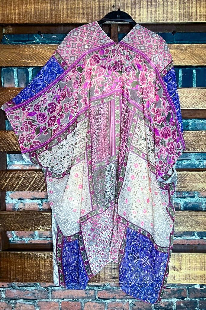 SWEET NOSTALGIA PINK PURPLE & MULTI COLOR VELVET BURNOUT KIMONO