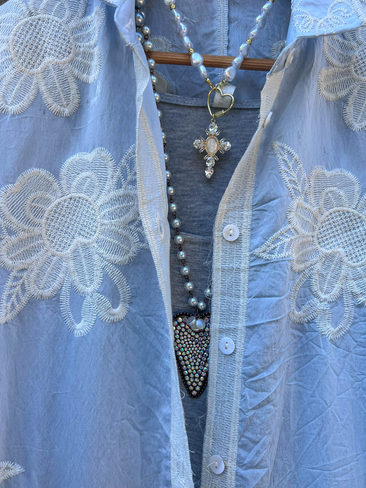 True Love Embroidered Shirt Tunic- Light Blue