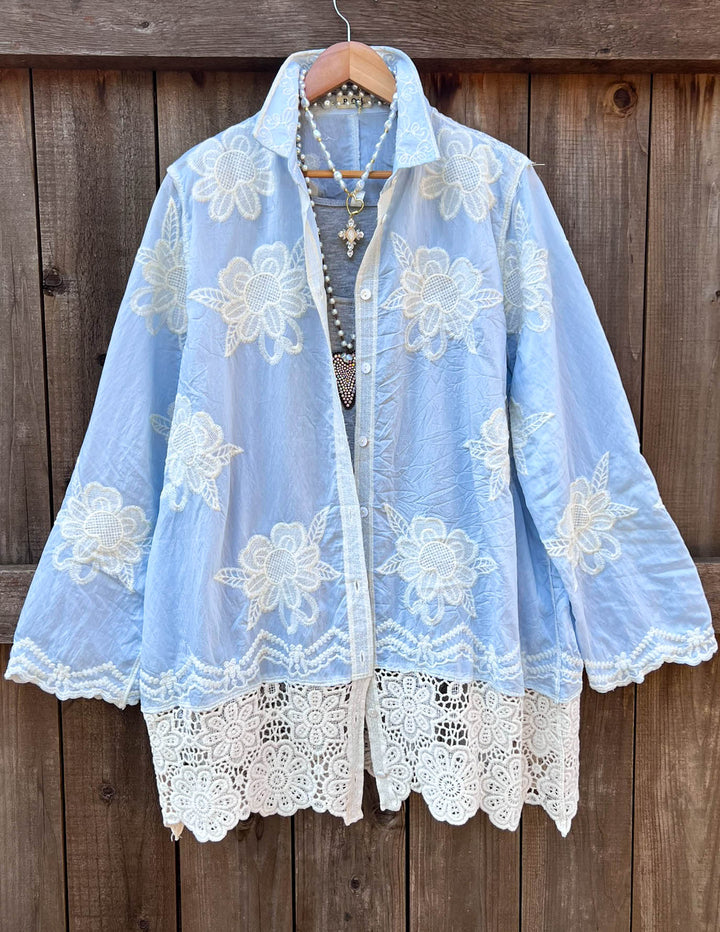 True Love Embroidered Shirt Tunic- Light Blue