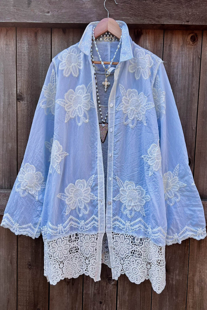 True Love Embroidered Shirt Tunic- Light Blue