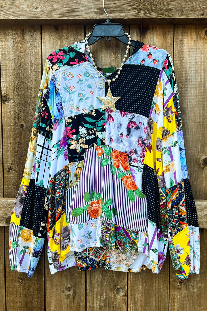 PATCHWORK HOODIE TUNIC FRONT PAD POCKET IN MULTICOLOR---------SALE