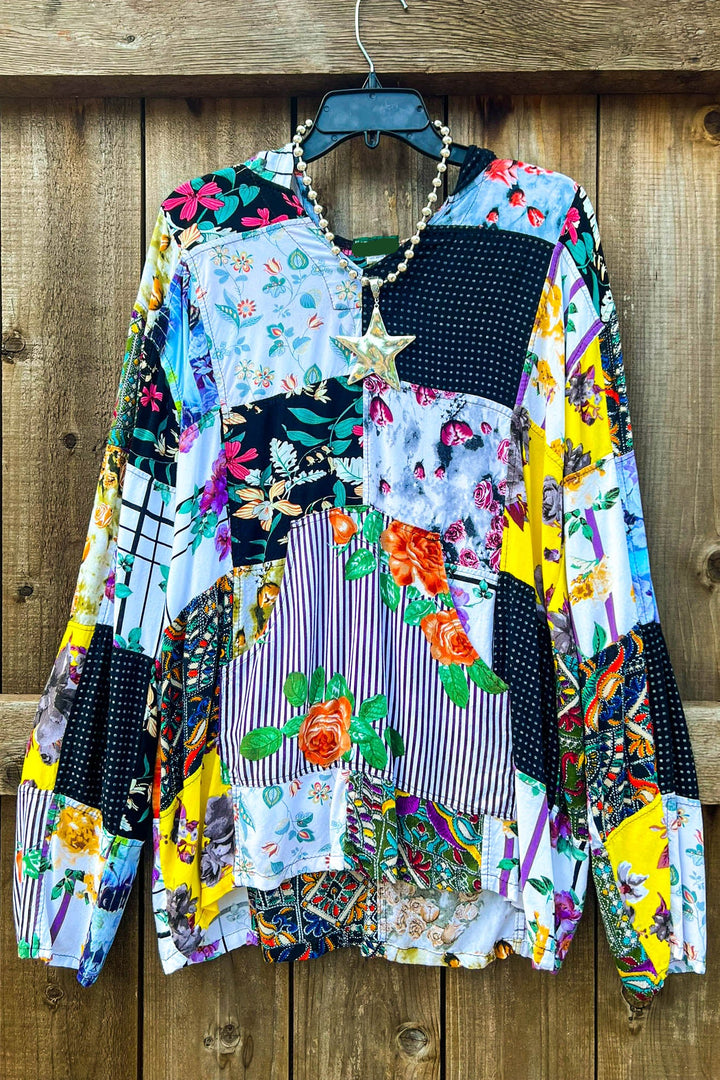 PATCHWORK HOODIE TUNIC FRONT PAD POCKET IN MULTICOLOR---------SALE