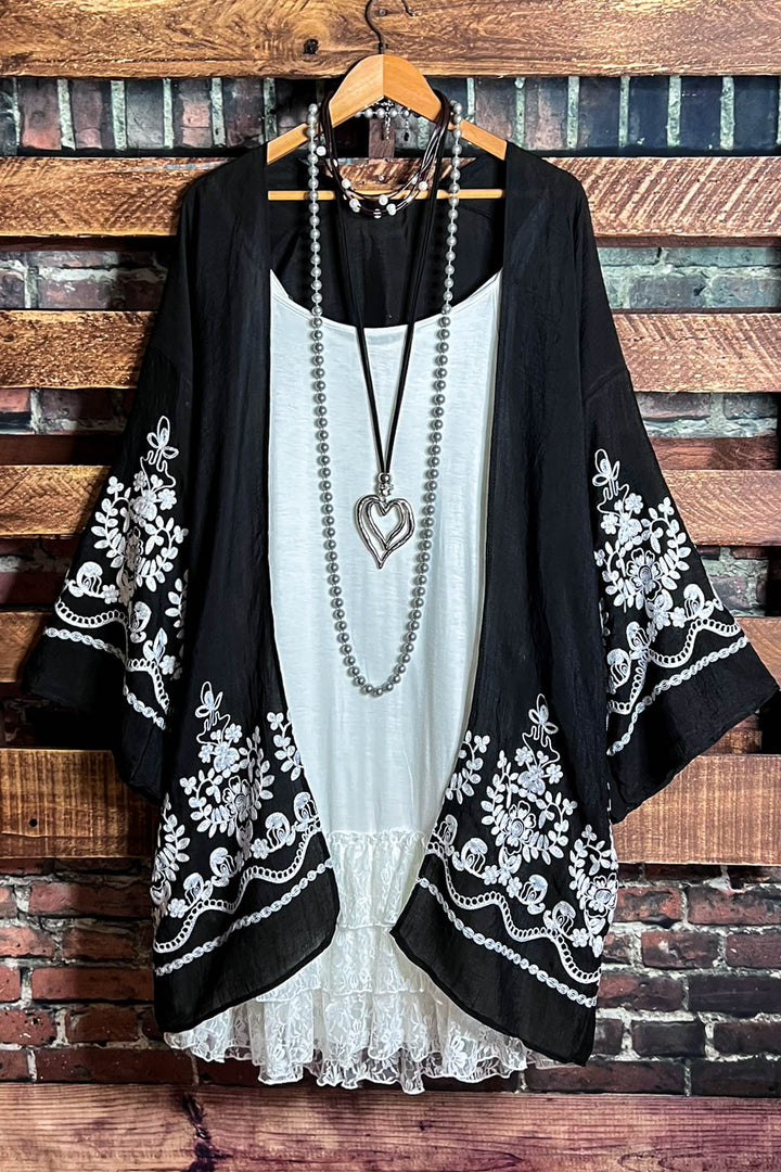OUR ORIGINAL LOVE BOHO GAUZE FLORAL EMBROIDERED KIMONO IN BLACK
