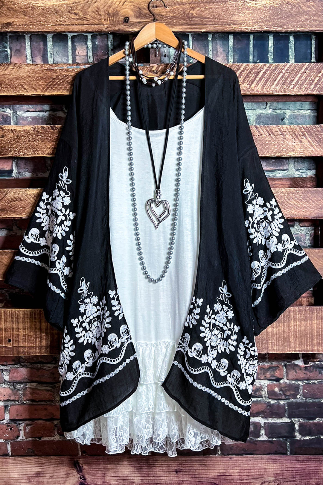 OUR ORIGINAL LOVE BOHO GAUZE FLORAL EMBROIDERED KIMONO IN BLACK