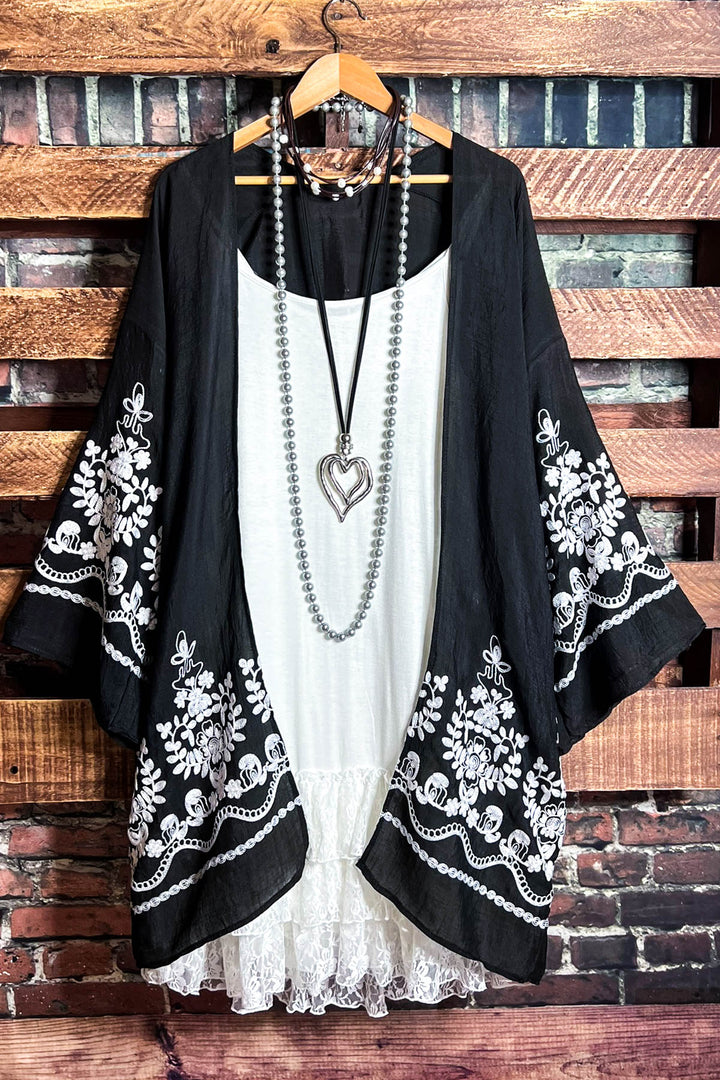 OUR ORIGINAL LOVE BOHO GAUZE FLORAL EMBROIDERED KIMONO IN BLACK