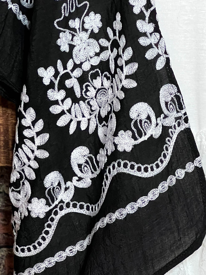 OUR ORIGINAL LOVE BOHO GAUZE FLORAL EMBROIDERED KIMONO IN BLACK