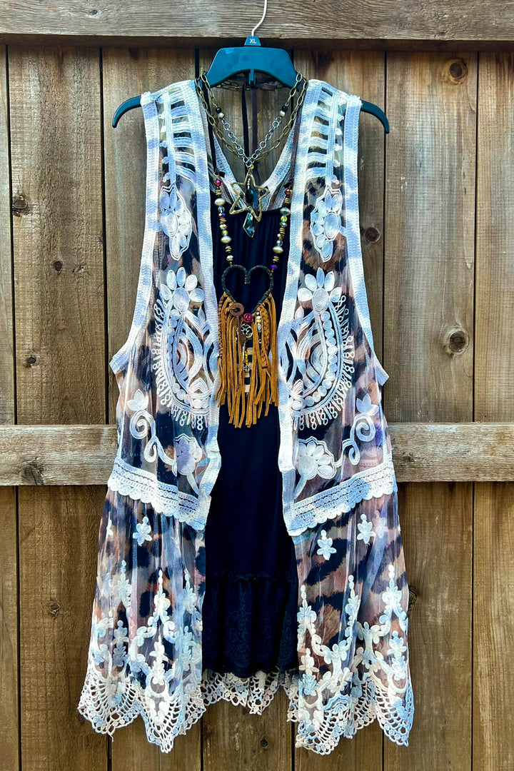 Desert Winds Embroidered Leopard Print Lace Vest