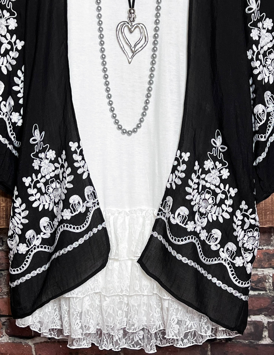 OUR ORIGINAL LOVE BOHO GAUZE FLORAL EMBROIDERED KIMONO IN BLACK