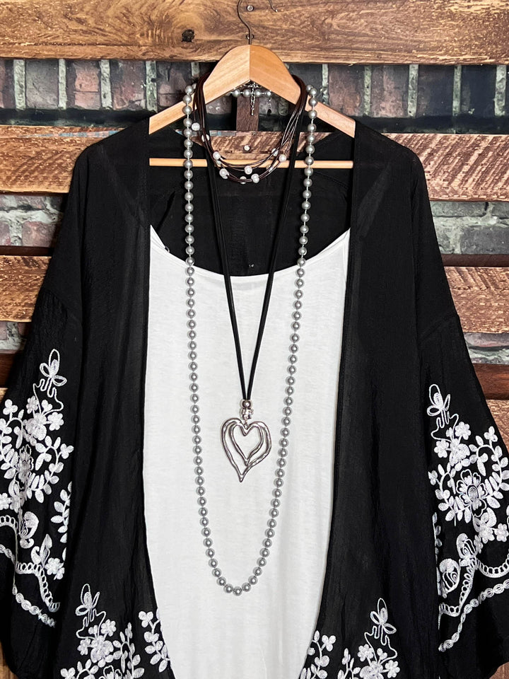 OUR ORIGINAL LOVE BOHO GAUZE FLORAL EMBROIDERED KIMONO IN BLACK