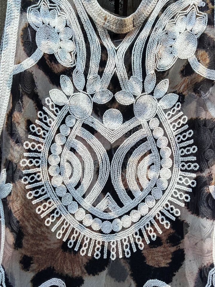 Desert Winds Embroidered Leopard Print Lace Vest