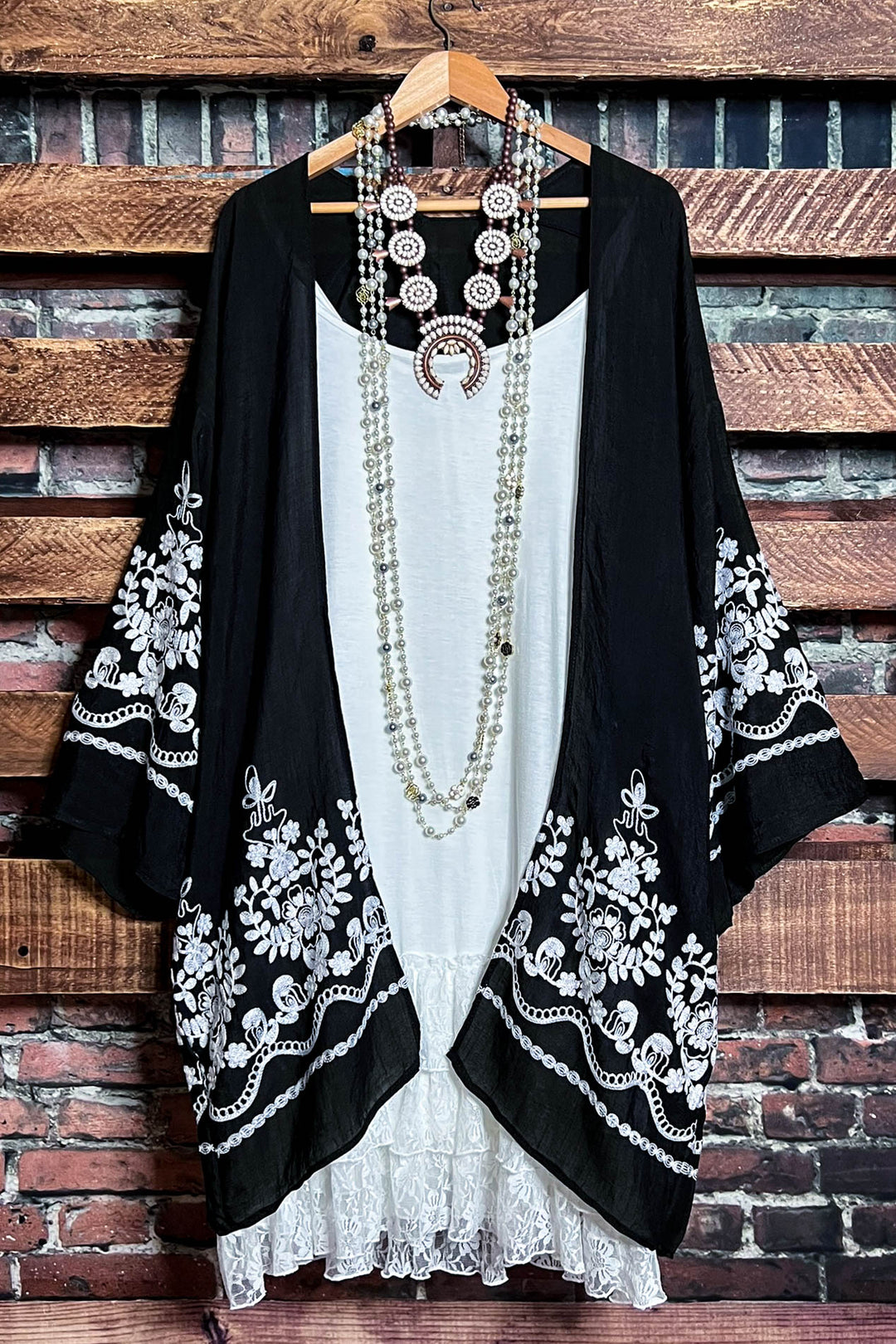 OUR ORIGINAL LOVE BOHO GAUZE FLORAL EMBROIDERED KIMONO IN BLACK