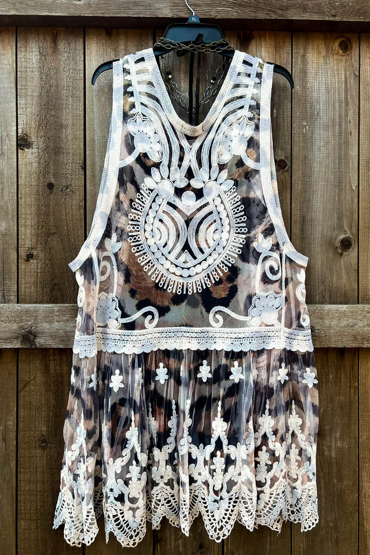 Desert Winds Embroidered Leopard Print Lace Vest