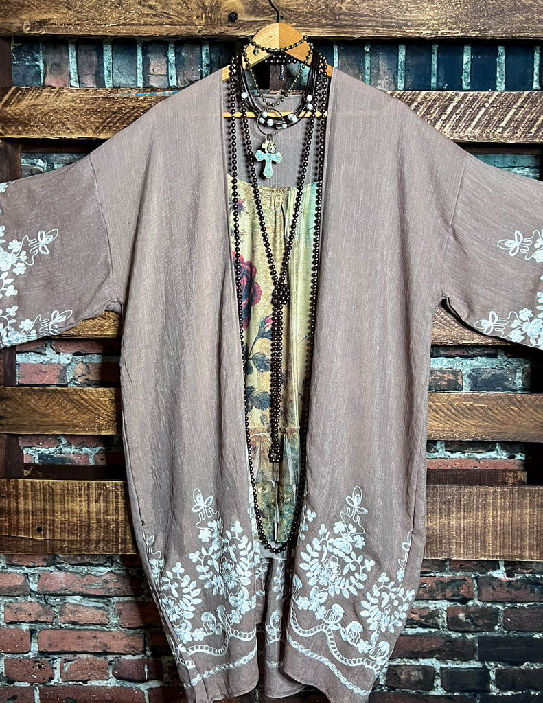 OUR ORIGINAL LOVE BOHO GAUZE FLORAL EMBROIDERED KIMONO IN MOCHA