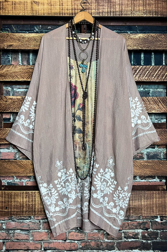 OUR ORIGINAL LOVE BOHO GAUZE FLORAL EMBROIDERED KIMONO IN MOCHA