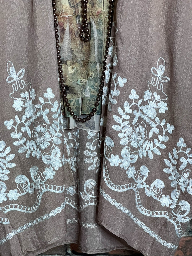 OUR ORIGINAL LOVE BOHO GAUZE FLORAL EMBROIDERED KIMONO IN MOCHA