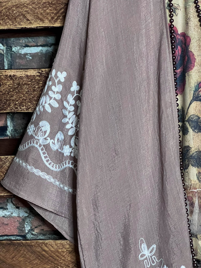 OUR ORIGINAL LOVE BOHO GAUZE FLORAL EMBROIDERED KIMONO IN MOCHA