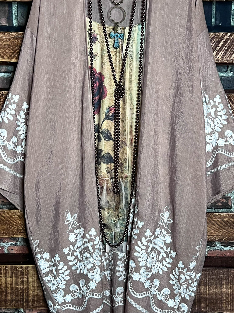 OUR ORIGINAL LOVE BOHO GAUZE FLORAL EMBROIDERED KIMONO IN MOCHA