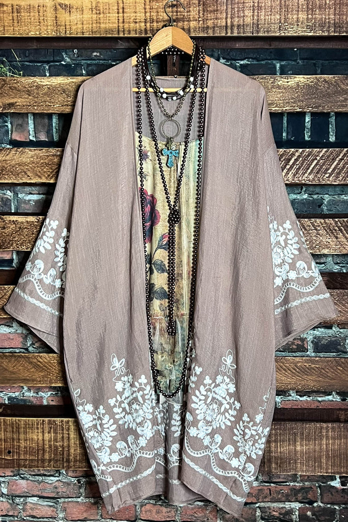 OUR ORIGINAL LOVE BOHO GAUZE FLORAL EMBROIDERED KIMONO IN MOCHA