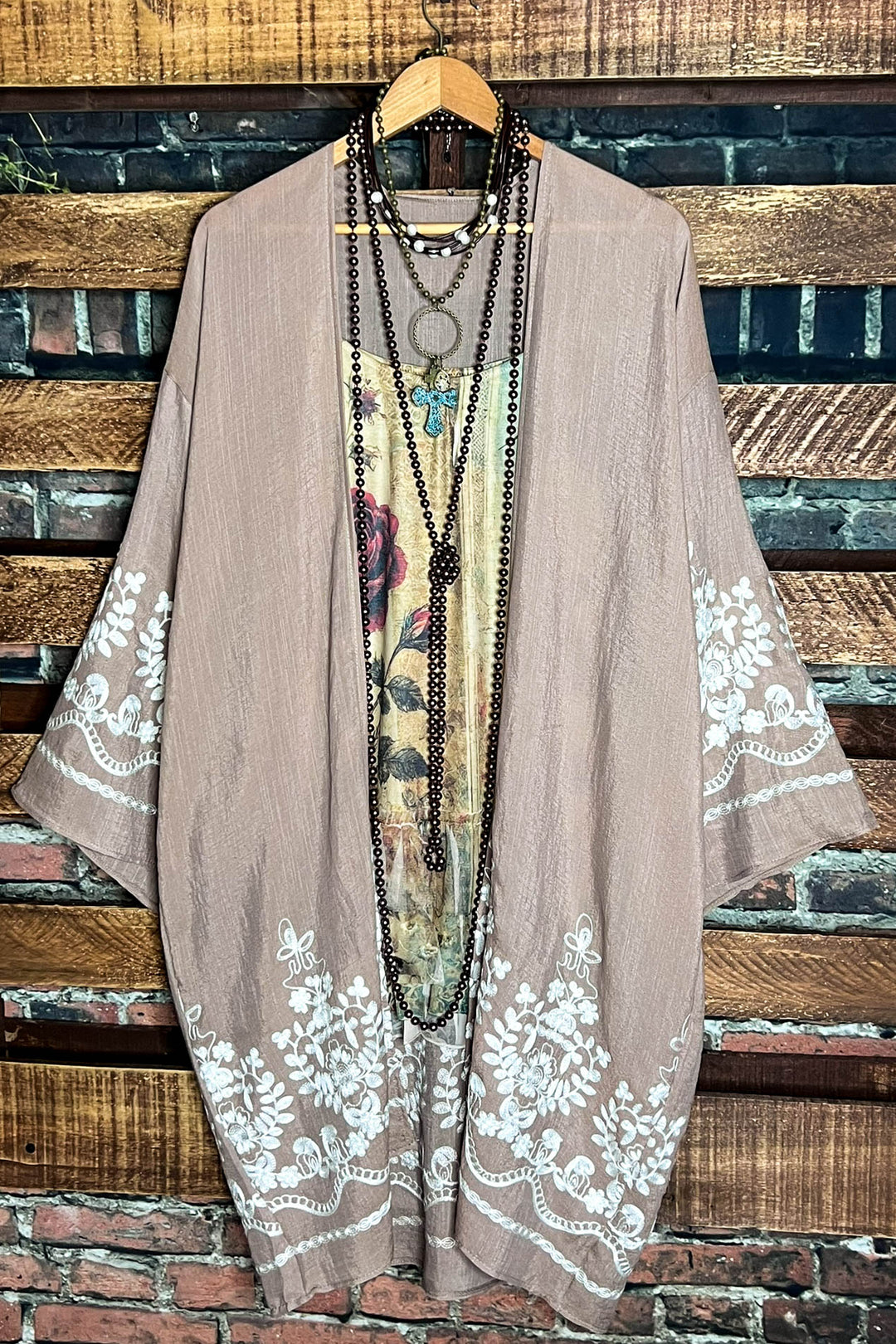 Our Original Love Gauze Embroidered Kimono Duster in Light Mocha
