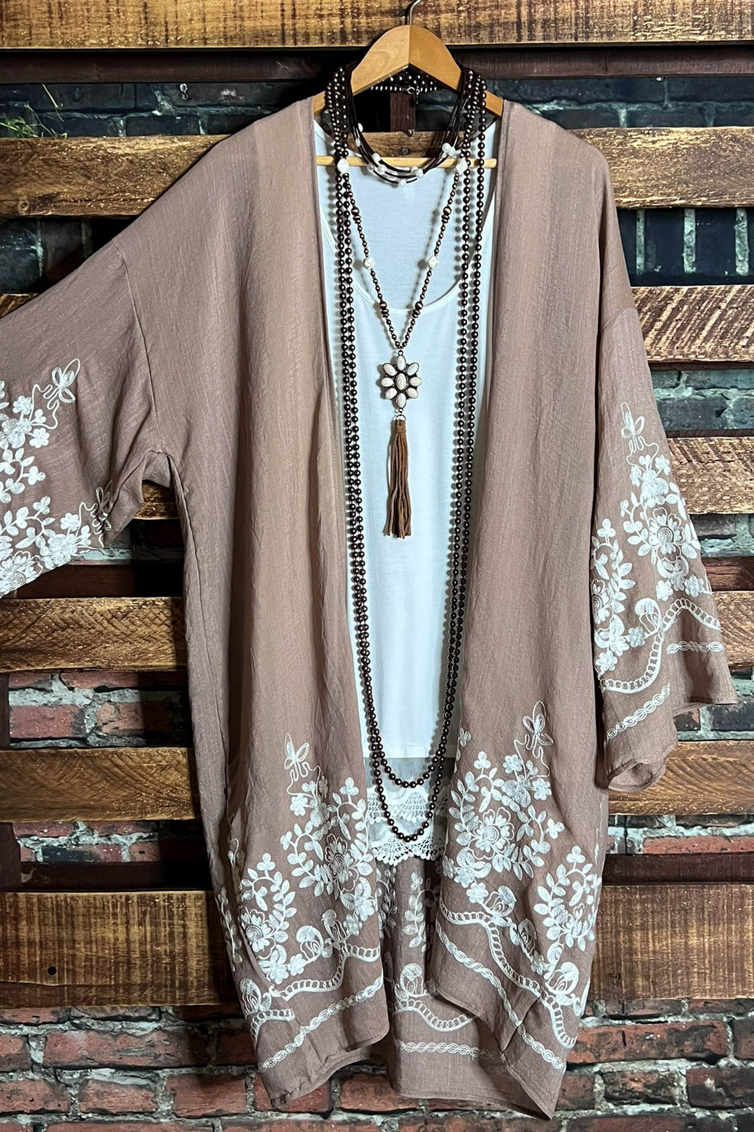 OUR ORIGINAL LOVE BOHO GAUZE FLORAL EMBROIDERED KIMONO IN MOCHA