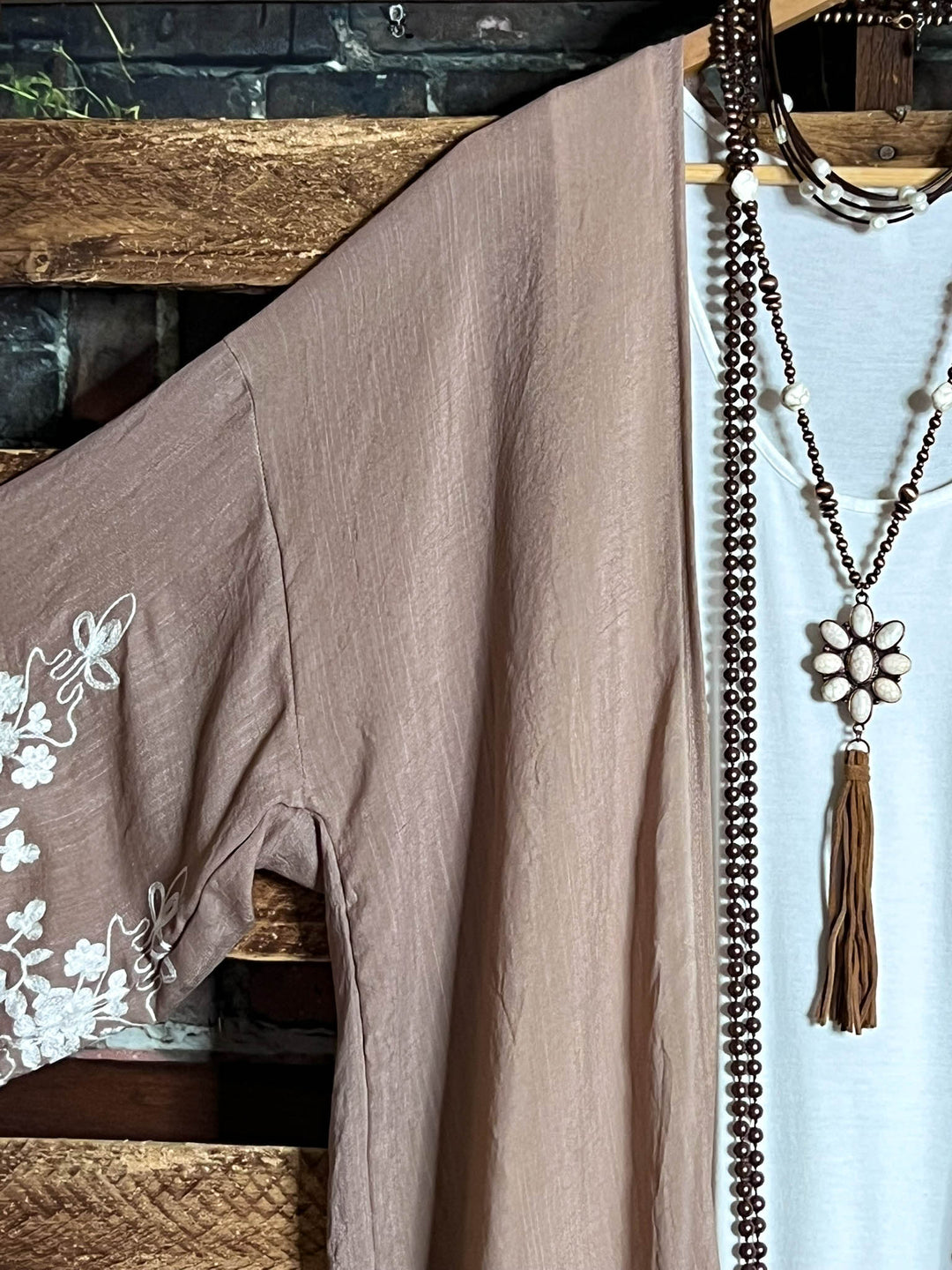 OUR ORIGINAL LOVE BOHO GAUZE FLORAL EMBROIDERED KIMONO IN MOCHA