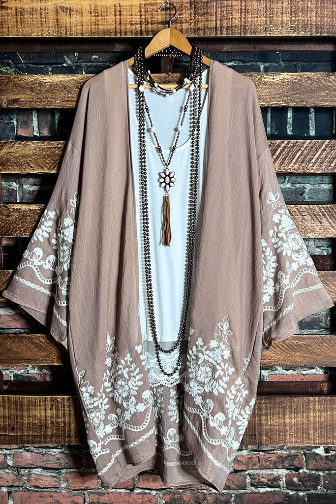 OUR ORIGINAL LOVE BOHO GAUZE FLORAL EMBROIDERED KIMONO IN MOCHA